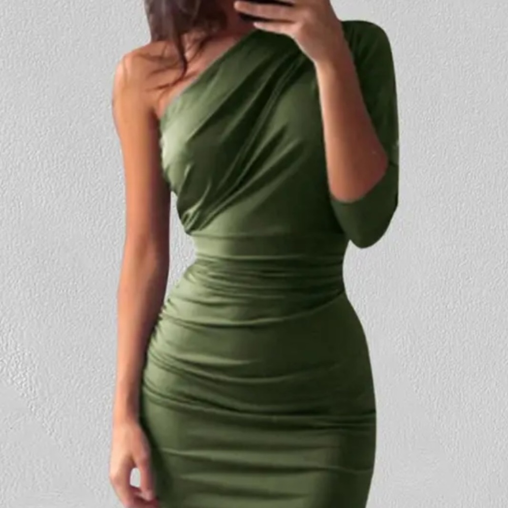 Ruched One Shoulder Sage Green Bodycon Dress